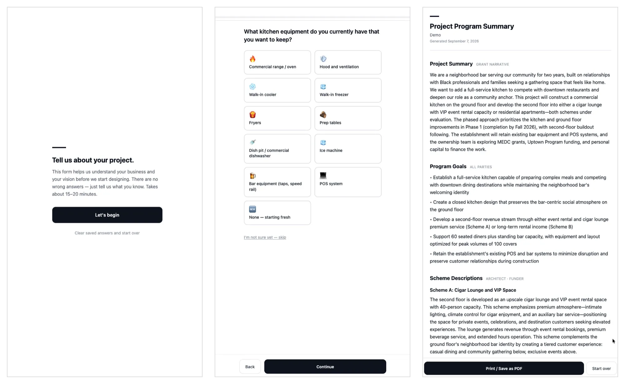 The program survey: a plain-language intake, an equipment checklist and the program summary it writes. A feasibility study on a phone, in about fifteen minutes.