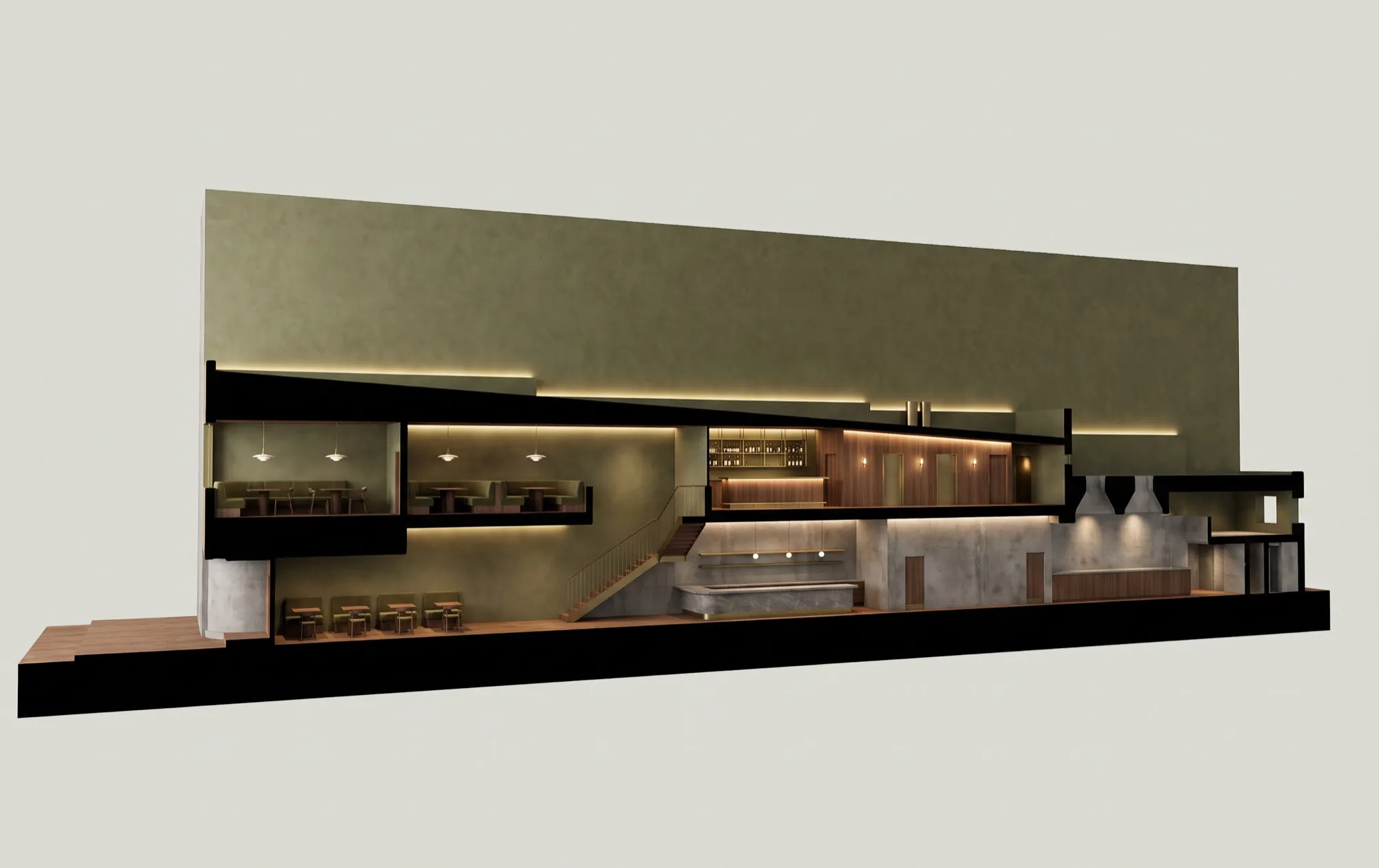 AI-generated visualization: the commercial kitchen fitted into the existing building.