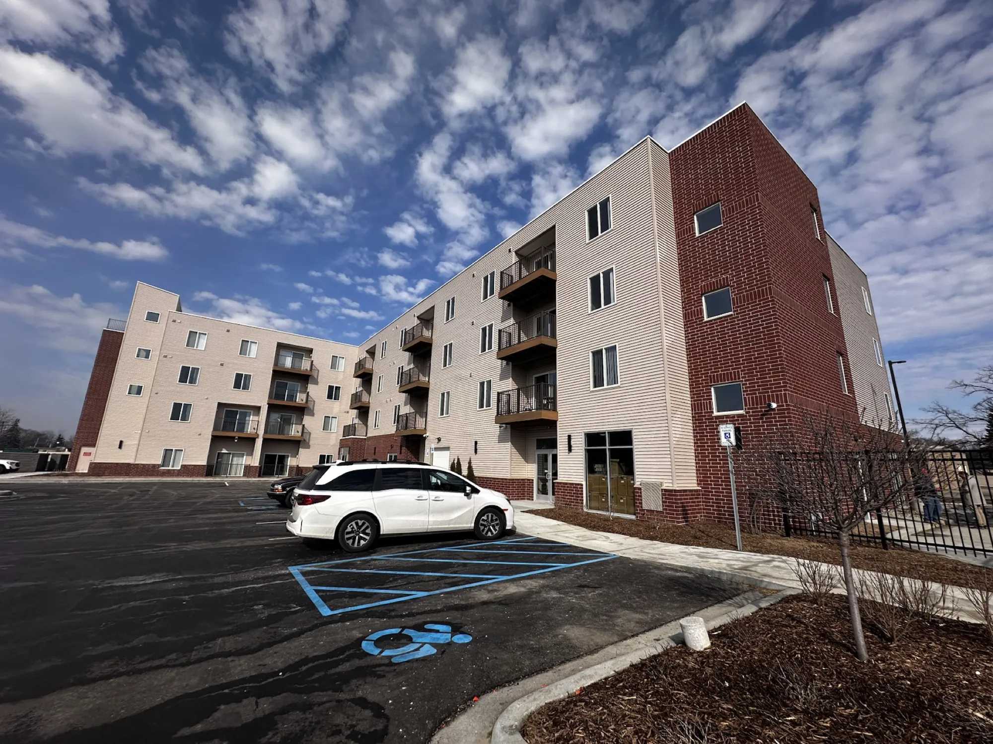 Completed: the building from the parking court.