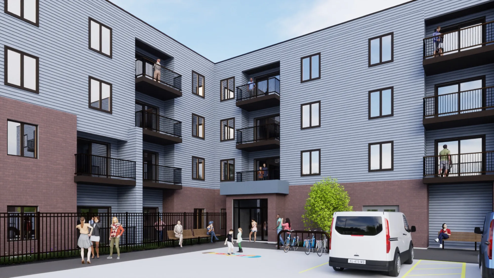 Design rendering: the courtyard entry, with balconies stacked above a landscaped arrival court.