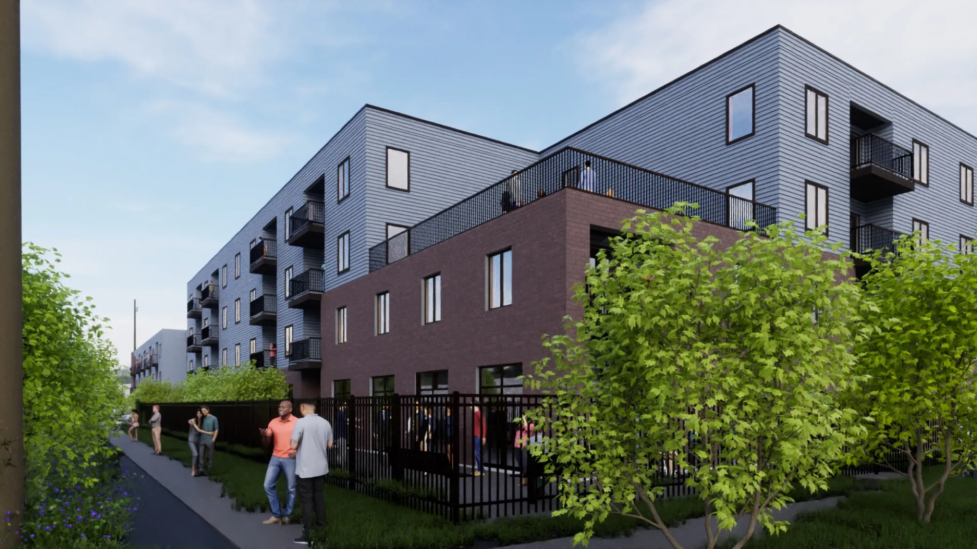 Design rendering: the street elevation, with a masonry base at the sidewalk and lighter cladding above.