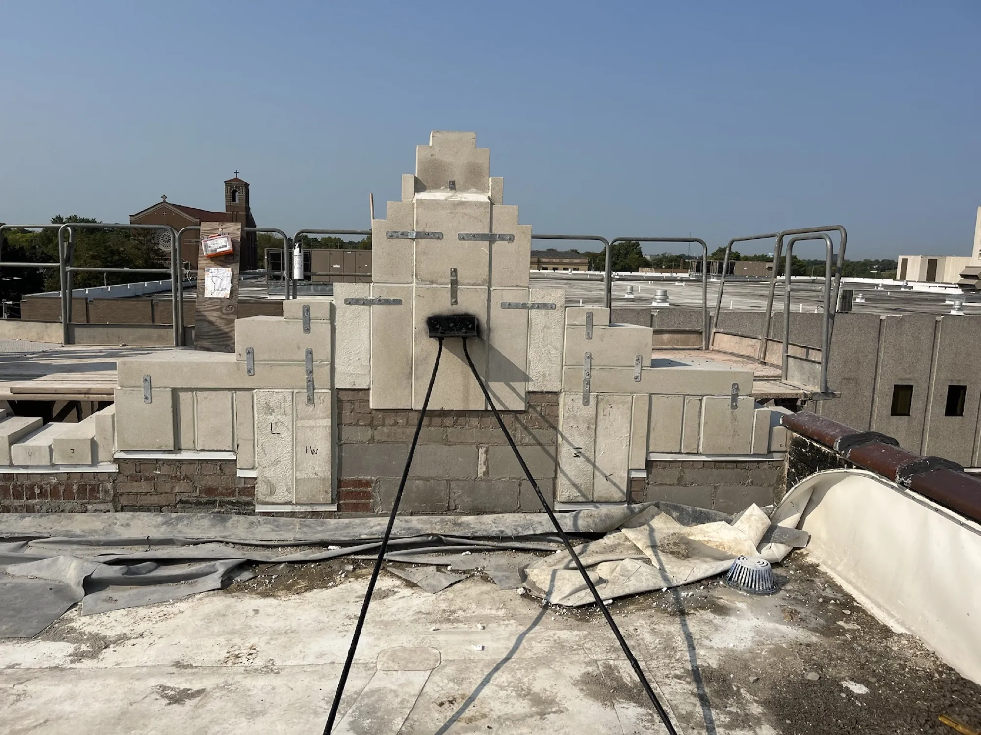 The Art Deco corner element assembled and anchored on the roof before cladding.
