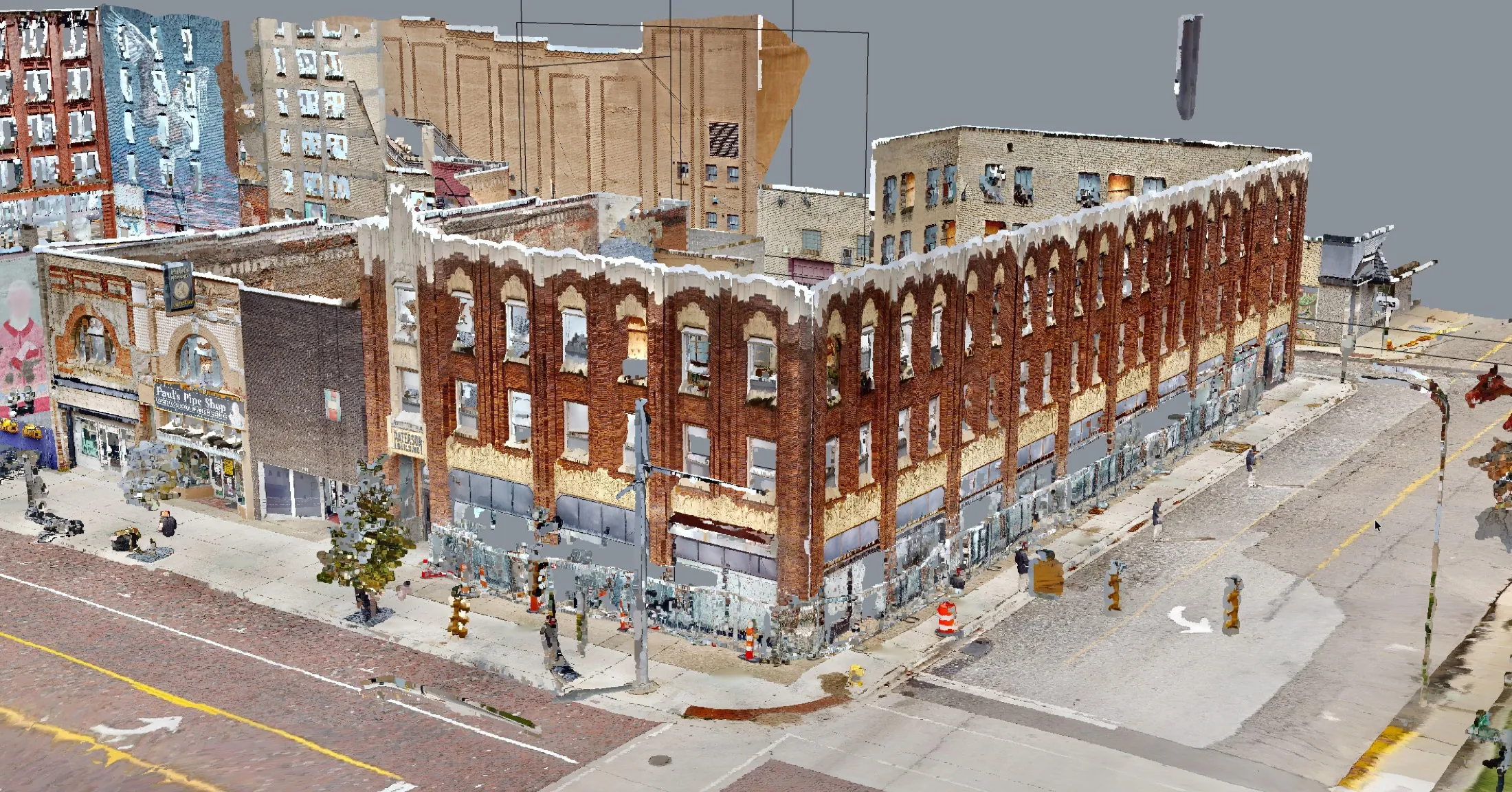 LiDAR point cloud of the full building — the survey that made an exact reconstruction possible.